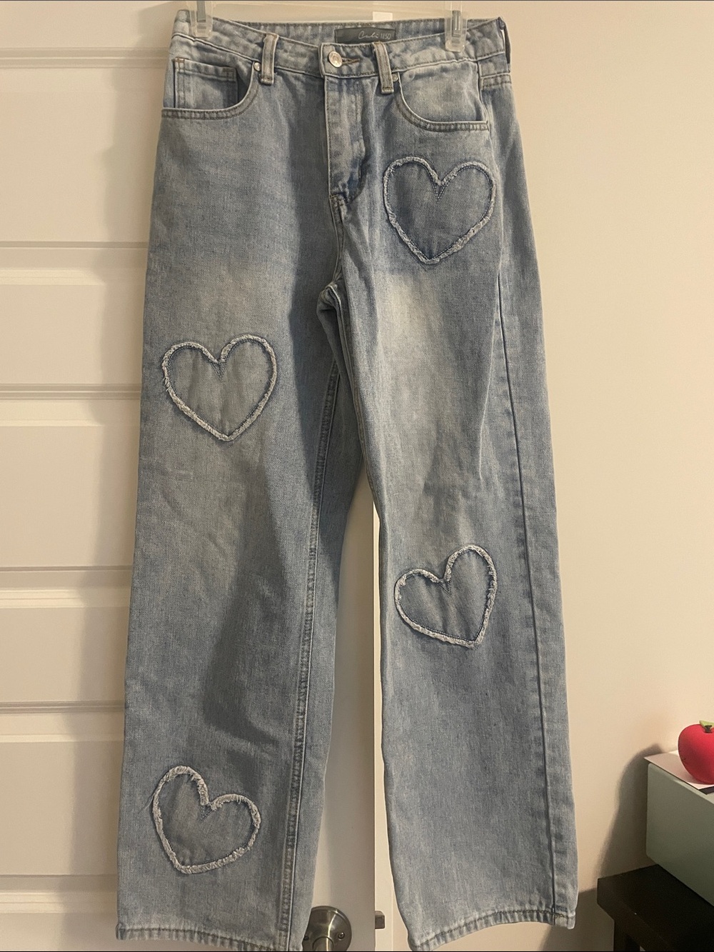 Light Wash Heart Patch Straight-Leg Jeans